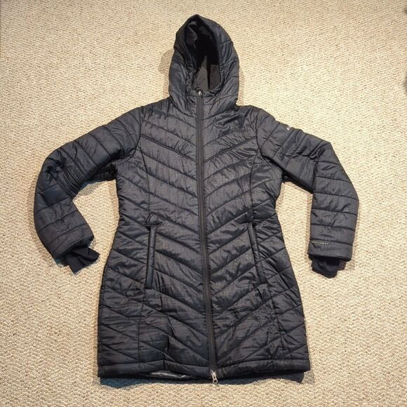 Columbia Omni Heat Puffer Jacket Womens Large Black Longline Black Winter Snow - Picture 1 of 7